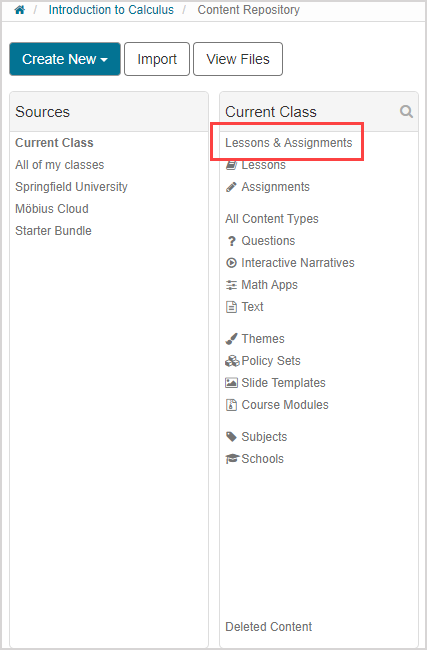 The lessons and assignments folder is the first folder of your current class source.
